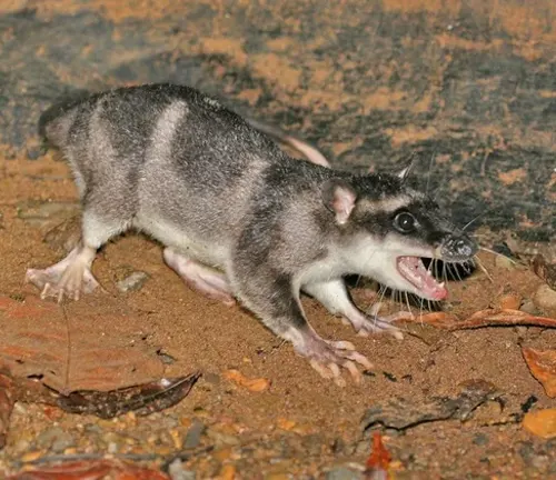A small rat with its mouth open on the ground. Unique Adaptations "Water Opossum".