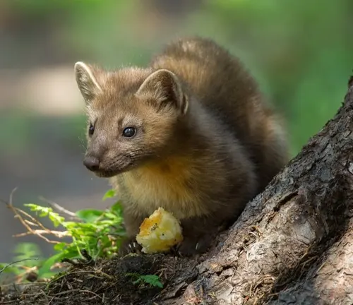 A European Pine Marten, a small weasel, enjoying a piece of bread while feeding.