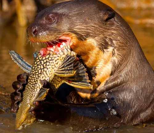Giant Otter swimming in water, holding a fish in its mouth.