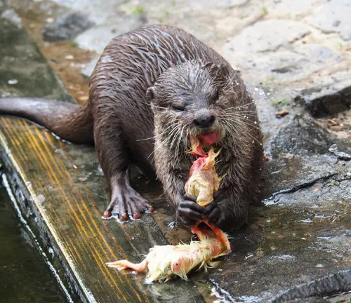 An Asian Small-clawed Otter eating a fish in the water.
