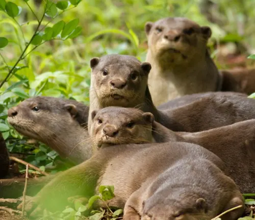 Otters resting in grass near trees, part of a "Smooth-coated Otter" group hunting.