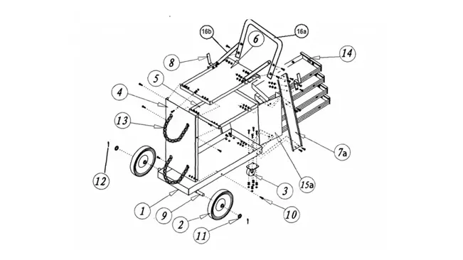 Exploded view illustration of an Ocforiya Iron Rolling Welding Cart with parts labeled.