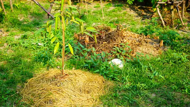 A young durian sapling surrounded by a thick layer of straw mulch to retain moisture, with green grass and decomposing plant matter in the background, indicating a permaculture practice.