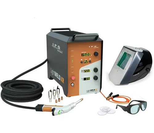 Complete set of IPG LightWELD XR Handheld Laser equipment, including the main unit, welding gun, cables, helmet, and safety glasses.