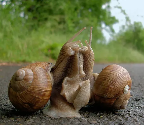 Two snails on a road, showcasing "Roman Snail" behavior.