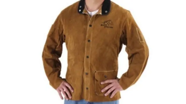 Person wearing a brown Revco Men's Split Leather Welding Jacket with a black-collared shirt underneath.