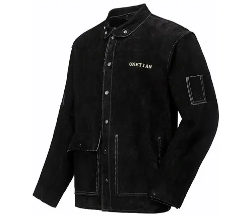Black ONETIAN heavy-duty, flame-retardant cotton welding jacket on a white background.