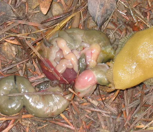 A small green and yellow fruit on the ground, possibly a banana slug reproduction.