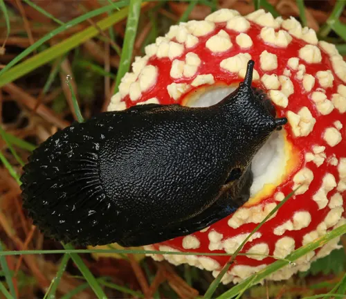 A black slug consuming a red mushroom. Illustrates "Black Slug" Behavior.