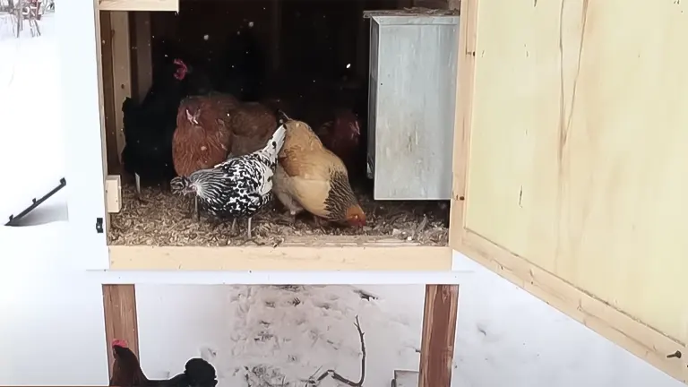 Chickens in a coop doorway, illustrating proper shelter and access to prevent care mistakes