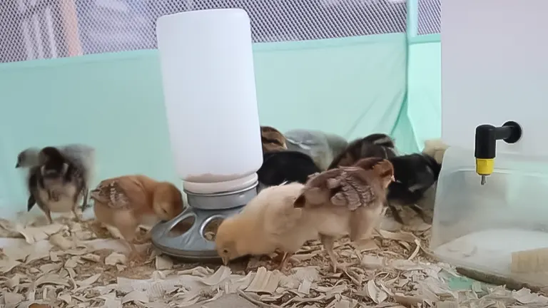 Chicks around a feeder and waterer in a brooder, illustrating the importance of proper nutrition and hydration in avoiding beginner chicken care mistakes