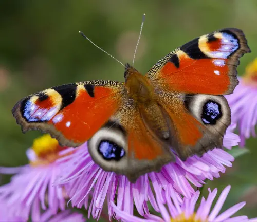 Adult Peacock Butterfly: A large butterfly with vibrant blue, black, and orange wings, displaying eye-like patterns.