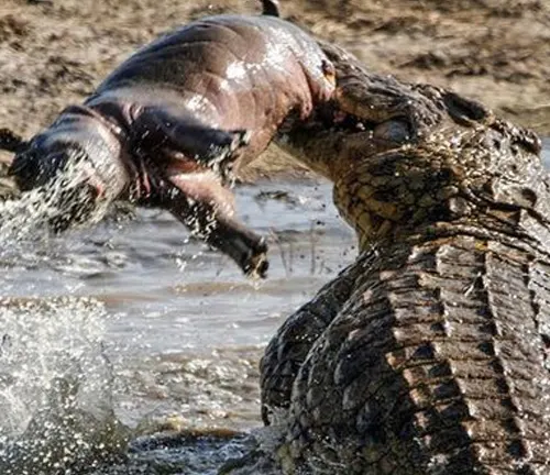 A baby hippo being attacked by a crocodile in the water.