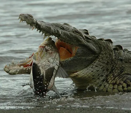 An American Crocodile with its mouth open, filled with fish.