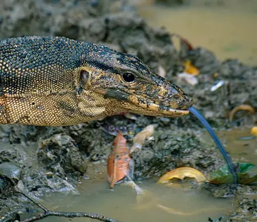 A Bengal Monitor lizard with its mouth open in the mud, showcasing its feeding habits.