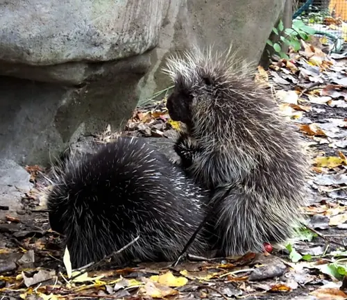 Two North American Porcupines sitting on the ground, showcasing their spiky quills and adorable faces.