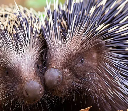 Two Indian Porcupines sitting together in leaves, showcasing natural behavior and environment.