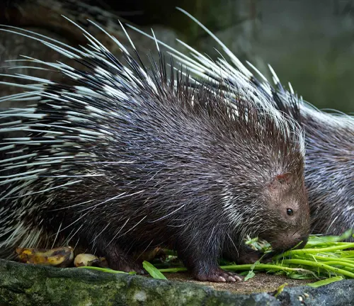 Two Malayan porcupines grazing on grass in an enclosure.
