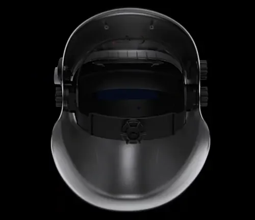 Top-down view of an Optrel Crystal 2.0 welding helmet, showcasing the headgear and lens on a black background.