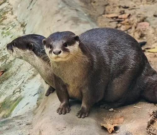 Two Asian Small-clawed otters standing on a log, showcasing their natural behavior and habitat.