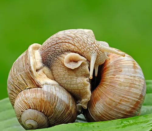Two snails curled up on a green leaf, showcasing the reproduction behavior of the "Brown-lipped Snail".