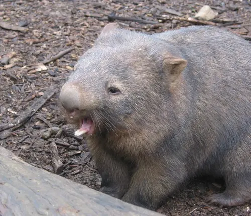 A wombat standing on its hind legs, looking towards the camera with its small, round ears perked up.
