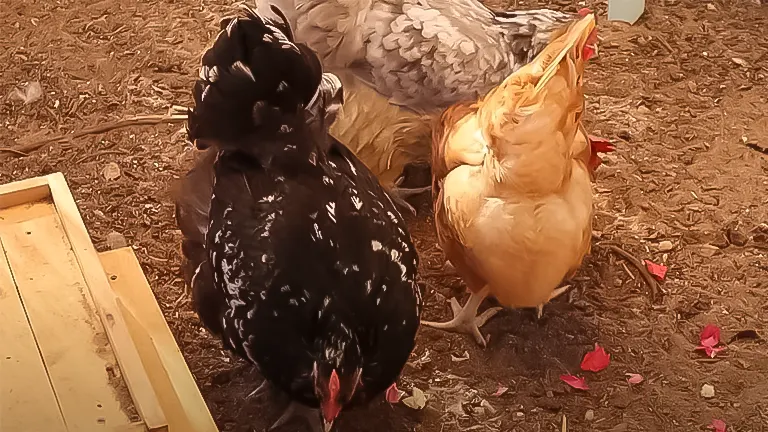 Three chickens of different breeds pecking the ground in a coop