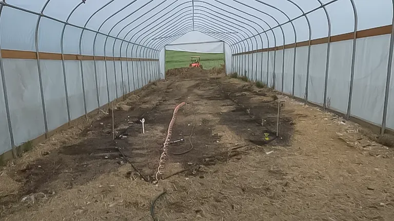 Hoop house interior with bare soil and a hose, ready for planting animal feed