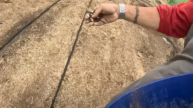 Hand scattering seeds over straw-covered soil for growing animal feed
