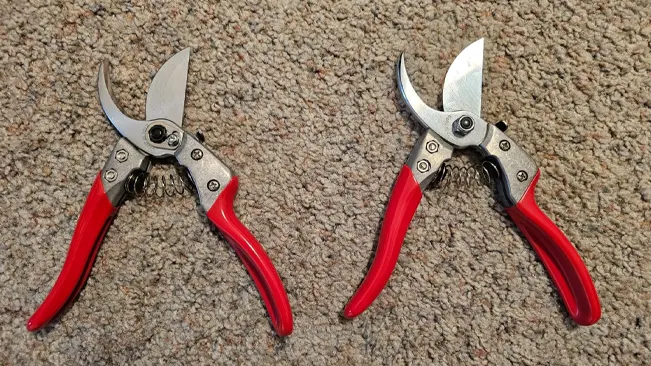 Two red-handled garden pruners side by side on a carpet