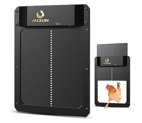 Automatic chicken coop door by MIXLIN with a vertical sliding design and chicken graphic