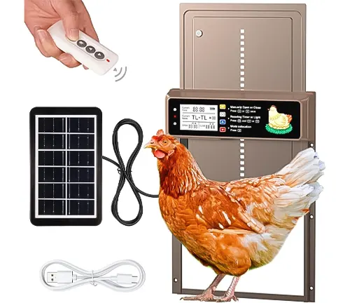 Solar-powered automatic chicken coop door with remote control and LCD screen display