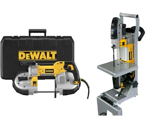DEWALT portable bandsaw with carrying case and vertical stand attachment