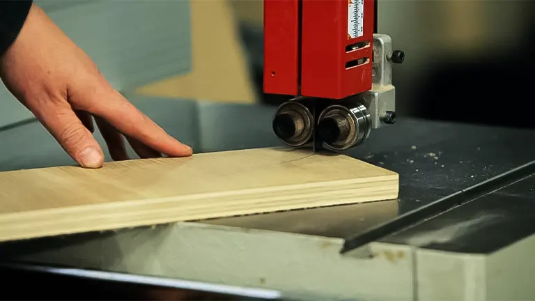 Close-up of a bandsaw cutting through a piece of wood