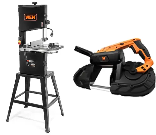 WEN stationary bandsaw on a stand next to a portable handheld bandsaw