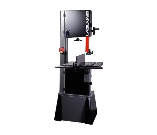 Black Laguna Tools bandsaw with a red blade and angular design stand