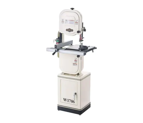 Shop Fox W1706 white floor-standing bandsaw with cabinet base