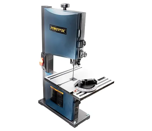 POWERTEC blue benchtop bandsaw with table and red switch