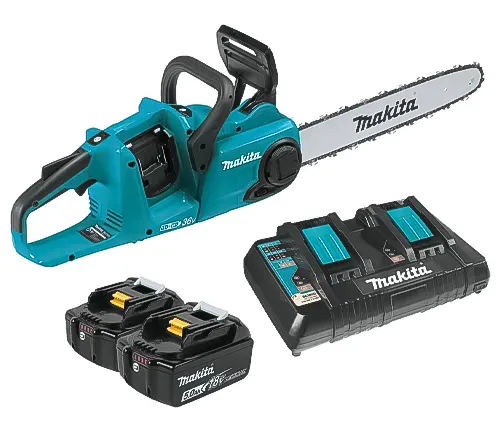 Makita cordless electric chainsaw with two batteries and a dual-port charger, in teal and black