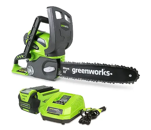 Greenworks 40V 12-inch battery-powered chainsaw with battery and charger