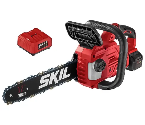 SKIL 20V cordless chainsaw with a 12-inch bar and included battery and charger, colored in red and black