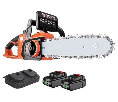 Battery electric chainsaw with charger and two batteries, featuring a prominent orange and black color scheme