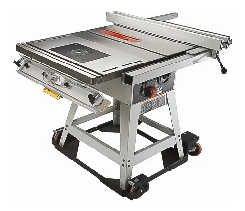 A standalone benchtop jointer with adjustable fence and infeed table on a mobile base