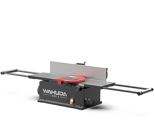 Wahuda benchtop jointer with extended tables and a red safety guard