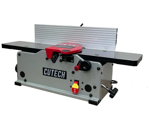 Cutech benchtop jointer with black tables and a red safety guard