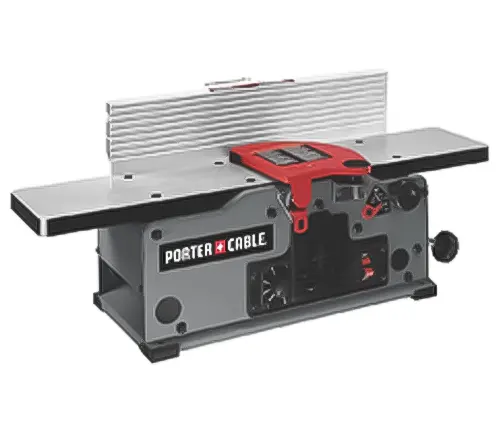 PORTER-CABLE benchtop jointer with long outfeed and infeed tables and a red adjustment knob