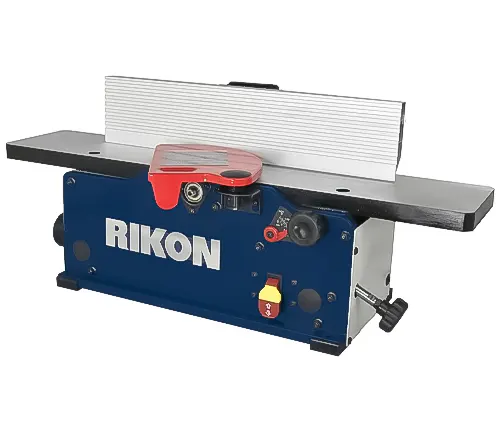 RIKON benchtop jointer with black tables and a distinctive red safety lock