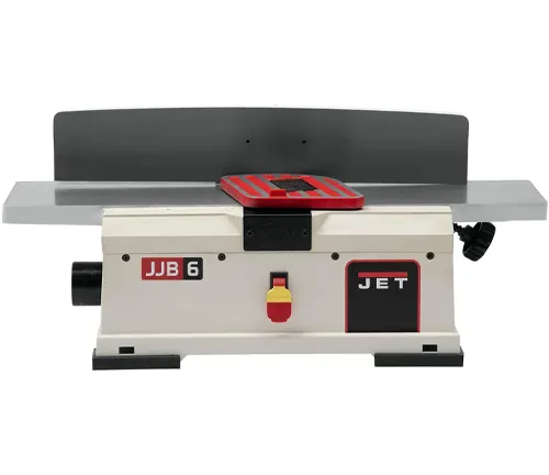 JET JJ-6 benchtop jointer with grey and white body and red safety push pads