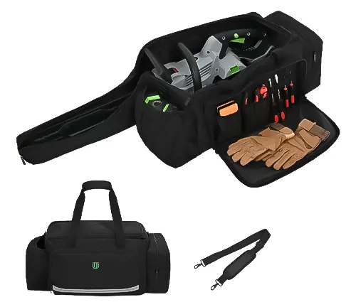 Black chainsaw carrying bag with tools and gloves, alongside a detachable strap and handles