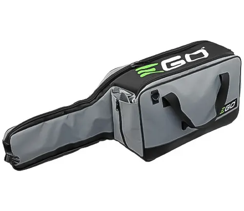 Grey EGO chainsaw case with green logo and side pocket, featuring a zipped cover for the blade